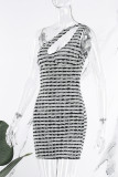 Witte sexy gestreepte patchwork jurken met schuine kraag zonder rug