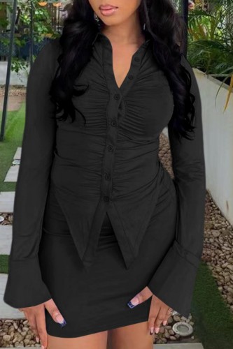 Black Casual Solid Fold Turndown Collar Long Sleeve Two Pieces