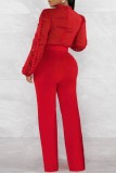 Rote, lässige, einfarbige, ausgehöhlte Patchwork-Jumpsuits mit halbem Rollkragen