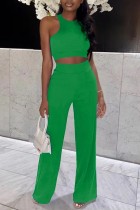 Green Casual Solid Basic O Neck Sleeveless Two Pieces