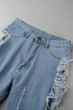 Bleu foncé Sexy Street Solid Ripped Make Old Patchwork Short en jean taille haute