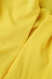 Vestidos de falda de un paso con cuello en O con abertura de volante de patchwork sólido casual amarillo