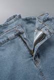 Saias jeans skinny cintura alta casual azul claro patchwork liso