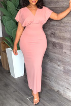 Pink Sexy Prominente Solide Rückenfrei Schlitz Reißverschluss V-Ausschnitt A-Linie Kleider