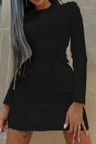 Vestidos de manga comprida preto casual patchwork sólido com gola O