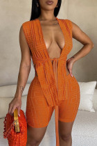 Orange Sexy Solid Bandage Patchwork Asymmetrical Cardigan Collar Sleeveless Two Pieces Front Tie And Short Sets