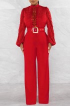 Rote, lässige, einfarbige, ausgehöhlte Patchwork-Jumpsuits mit halbem Rollkragen