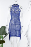 Blue Sexy Patchwork Hot Drilling Tassel Hollowed Out See-through Turtleneck Sleeveless Dress Dresses