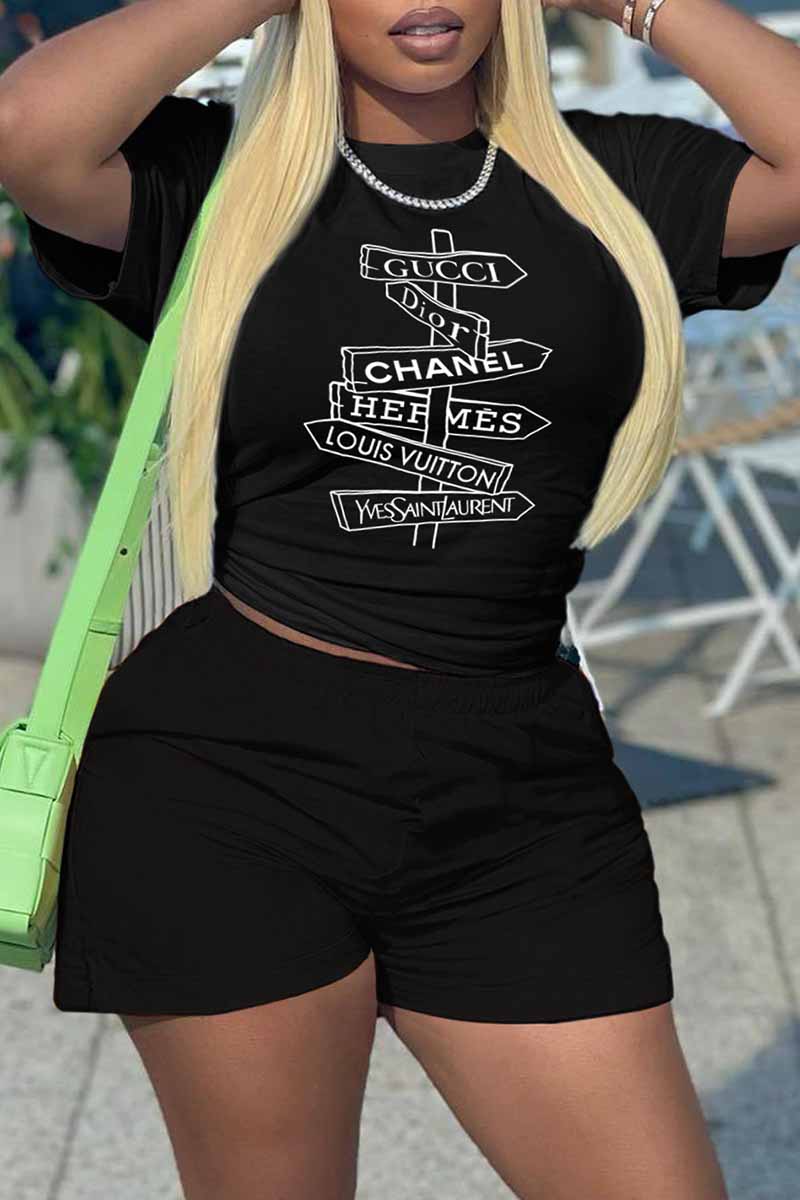

Black Casual Print Letter O Neck Short Sleeve Two Pieces