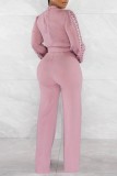 Red Casual Solid Hollowed Out Patchwork Half A Turtleneck Regular Jumpsuits