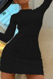 ブラック カジュアル ソリッド パッチワーク O ネック ロング スリーブ ドレス