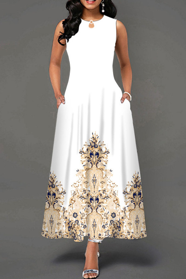 Белые повседневные платья трапециевидной формы в стиле пэчворк с винтажным принтом и круглым вырезом