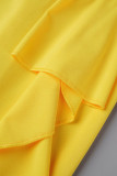 オレンジ カジュアル ソリッド パッチワーク フラウンス スリット O ネック ワンステップ スカート ドレス