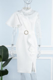 White Casual Solid Patchwork Slit Beading O Neck Irregular Dress Dresses