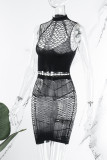 Black Sexy Solid Hollowed Out See-through Half A Turtleneck Sleeveless Dress Dresses