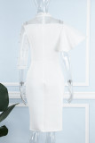 Белое повседневное однотонное платье в стиле пэчворк с разрезом и круглым вырезом, асимметричное платье