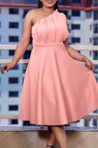 Vestido de noche de cuello oblicuo con pliegues de patchwork sólido elegante rosa Vestidos