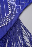 Blauwe sexy patchwork hete boren kwast uitgeholde doorzichtige coltrui mouwloze jurkjurken