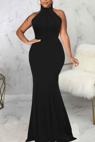 Black Elegant Solid Patchwork Half A Turtleneck Evening Dress Dresses
