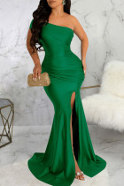Ink Green Sexy Elegant Solid Patchwork Slit Asymmetrical Off the Shoulder Evening Dress Dresses