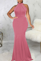 Розовое элегантное однотонное вечернее платье в стиле пэчворк с воротником-стойкой