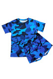 The cowboy blue Casual Print Patchwork O Neck Short Sleeve Two Pieces