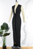 Black Sexy Solid Patchwork Asymmetrical V Neck Irregular Dress Dresses