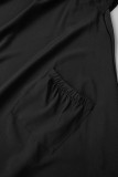 Vestido preto casual sólido patchwork com decote em O irregular vestidos tamanho grande