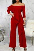 Burgundy Casual Solid Patchwork Flounce Off the Shoulder Straight Jumpsuits