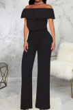 White Casual Solid Patchwork Flounce Off the Shoulder Straight Jumpsuits