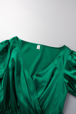 レッド カジュアル ソリッド パッチワーク フォールド ベルト付き Vネック ストレート ドレス