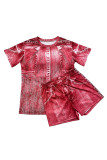 Brick Red Casual Print Patchwork O Neck Short Sleeve Two Pieces