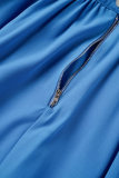 ブルーカジュアルソリッドパッチワークOネック半袖ツーピース