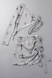 Grey Sexy Print Bandage Asymmetrical Oblique Collar Long Sleeve Two Pieces