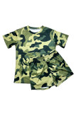 Camouflage Casual Print Patchwork O Neck Short Sleeve Two Pieces