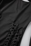 Vestidos casuais pretos sensuais sólidos vazados com gola redonda mangas compridas