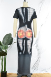 Schwarz Casual Print Basic O-Ausschnitt Kurzarm Kleid Kleider