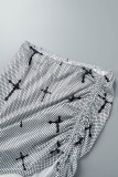 Bandagem com estampa sexy cinza gola oblíqua assimétrica manga longa duas peças