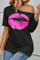 T-shirts à col oblique imprimés avec des lèvres décontractées noires roses rouges