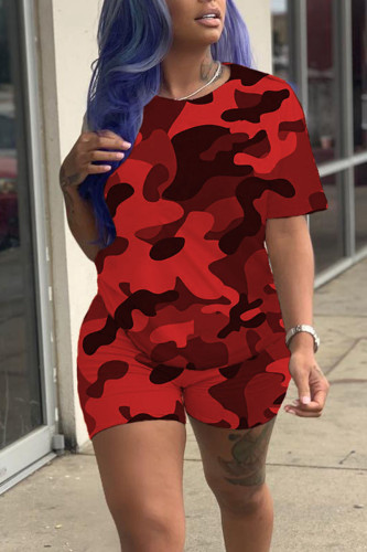 Red Casual Print Patchwork O Neck Short Sleeve Two Pieces