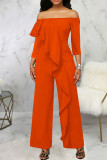 Orange Casual Solid Patchwork Flounce Off the Shoulder Straight Jumpsuits