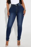Medium Blue Casual Solid High Waist Skinny Denim Jeans