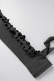 Vestidos casuais pretos sensuais sólidos vazados com gola redonda mangas compridas