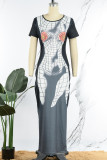 Schwarz Casual Print Basic O-Ausschnitt Kurzarm Kleid Kleider