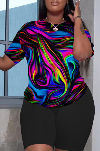 Black Casual Print Basic O Neck Short Sleeve Two Pieces