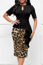 Black Casual Print Leopard Patchwork Flounce O Neck One Step Skirt Dresses