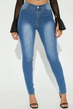 Jeans skinny in denim a vita alta tinta unita casual azzurri