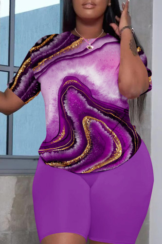 Purple Casual Print Basic O Neck Short Sleeve Two Pieces