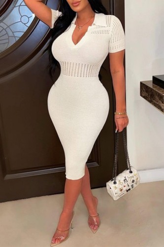 White Sexy Casual Solid Basic V Neck Short Sleeve Dress