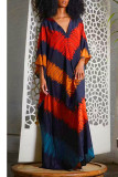 Marineblauwe casual straatprint patchwork lange jurk met V-hals Grote maten jurken
